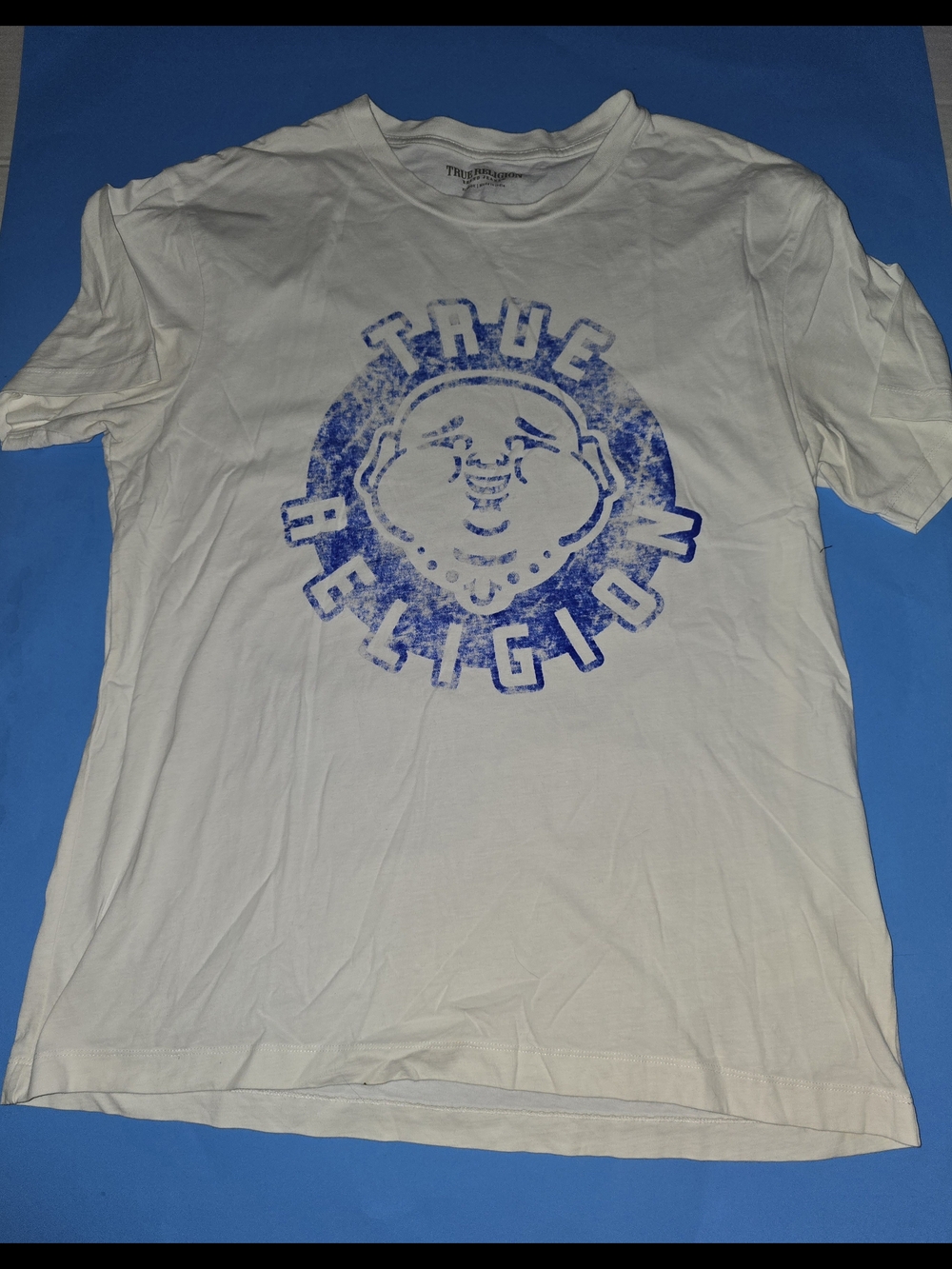True Religion Buddha Graphic T Shirt Mens XL White Blue Short Sleeve